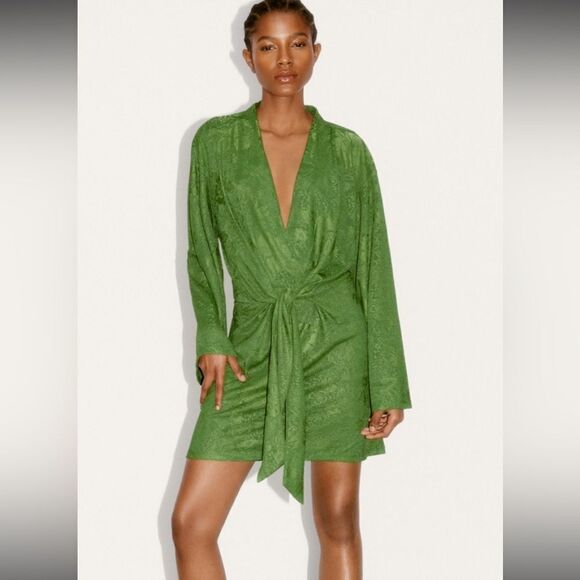 ZARA jacquard dress green ties wrap blogger favorite large L - Picture 1 of 13